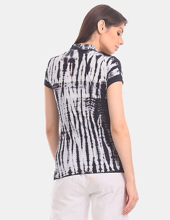 U.S. Polo Assn. Women Black Tie And Dye Pique Polo Shirt