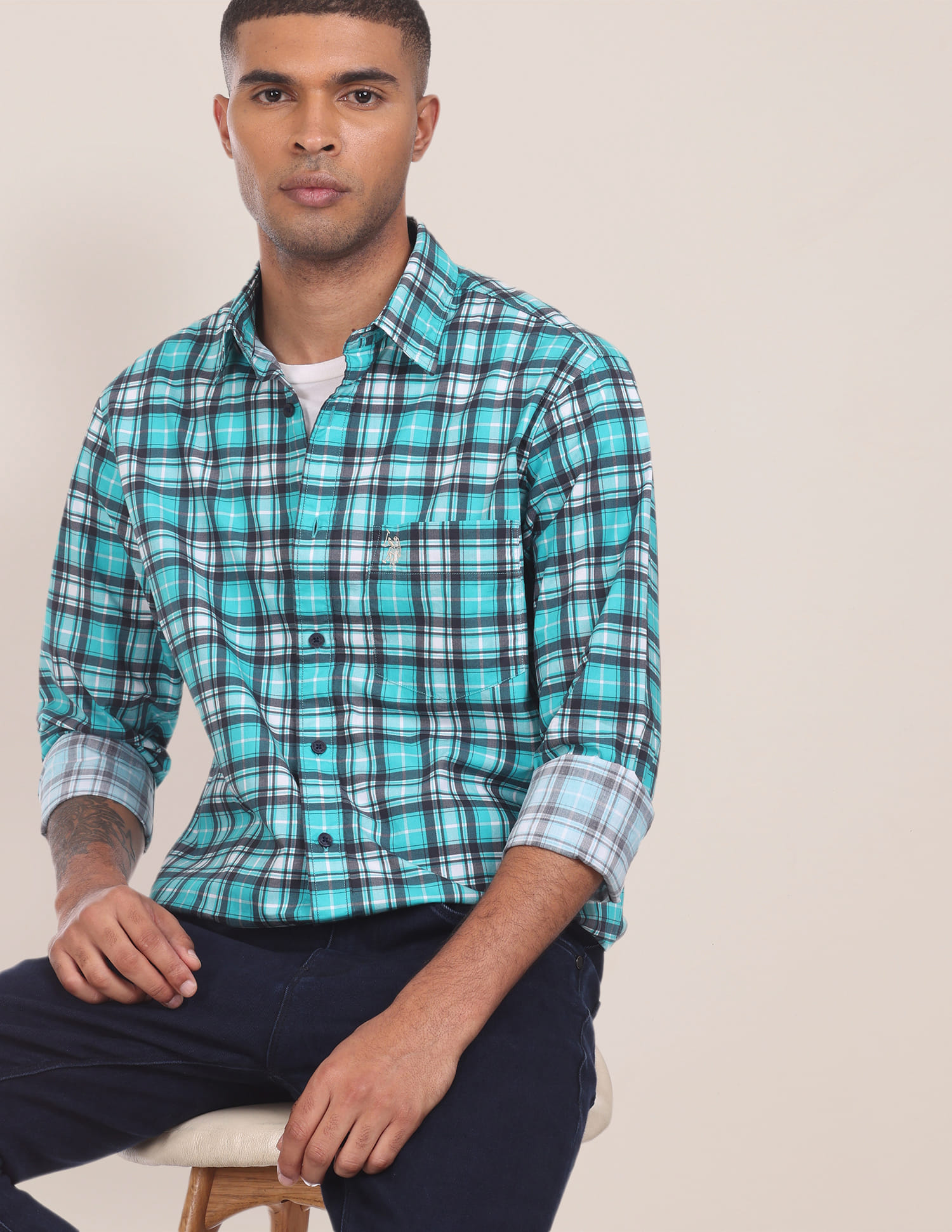 Buy Polo Spread Collar Checked Casual Shirt