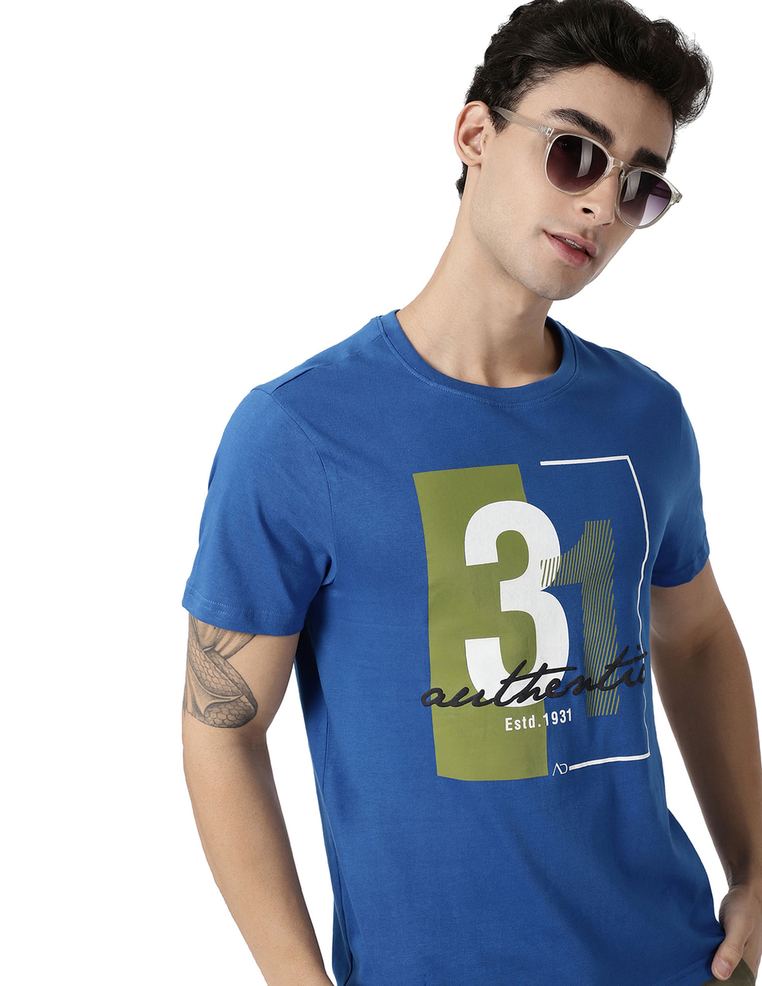 AD by Arvind Crew Neck Typographic Print Cotton T-Shirt