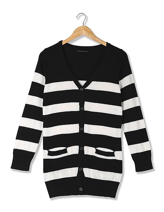 black cardigan with striped sleeves