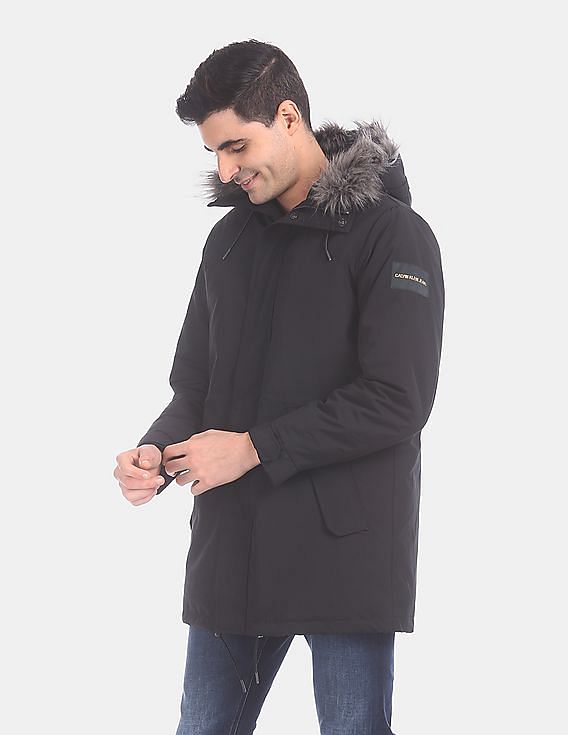 Buy Calvin Klein Men Black Hooded With Faux Fur Trims Parka Jacket With Check Waistcoat NNNOW