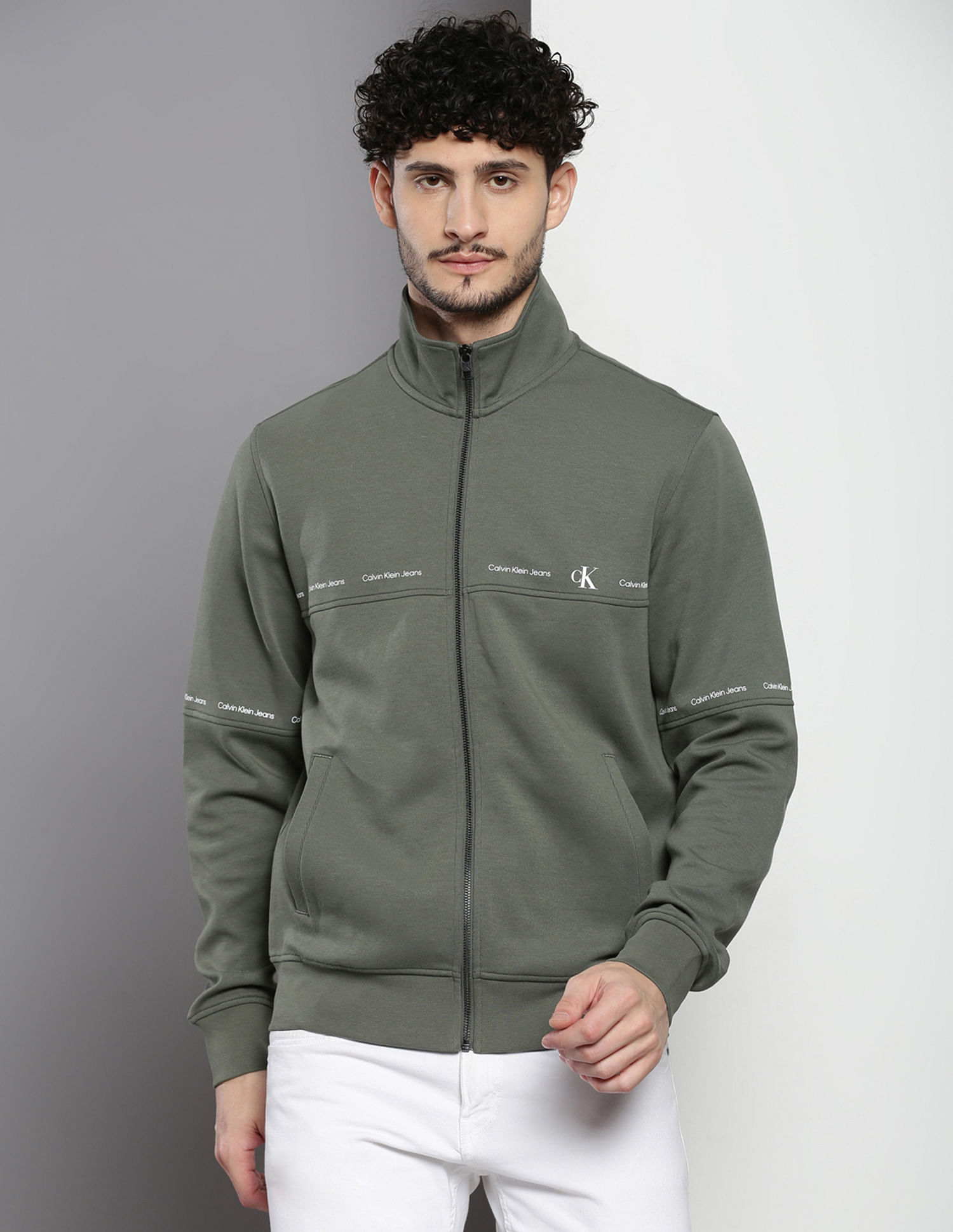 Calvin Klein High Neck Solid Zip Through Sweatshirt