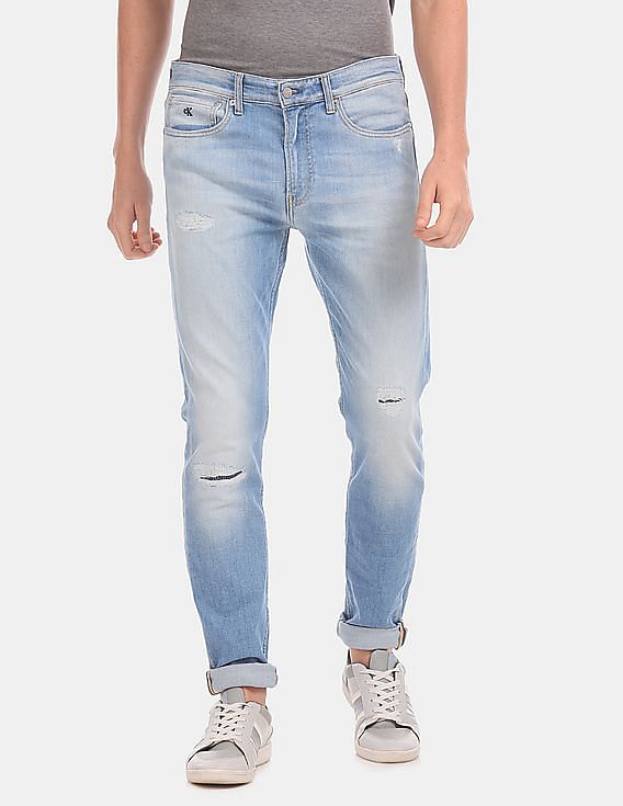 Calvin Klein Men Blue Slim Tapered Fit Cotton Stretch Ripped Jeans