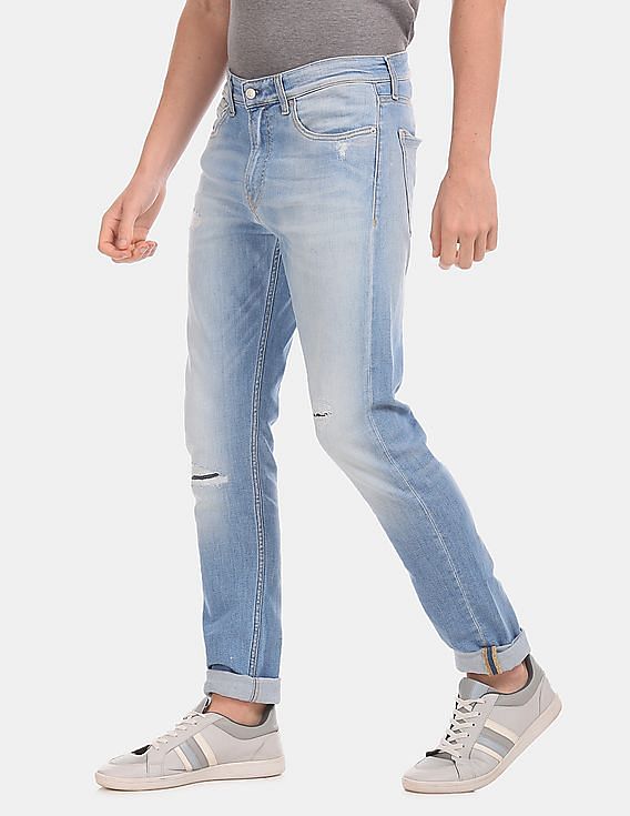 Calvin Klein Men Blue Slim Tapered Fit Cotton Stretch Ripped Jeans