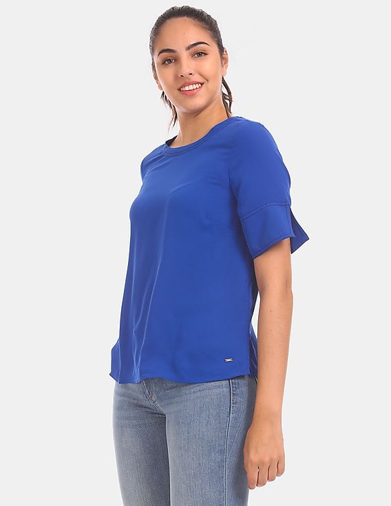 Tommy Hilfiger Women Blue Round Neck Solid Woven Top