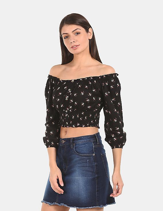 Aeropostale Women Black Printed Off Shoulder Top