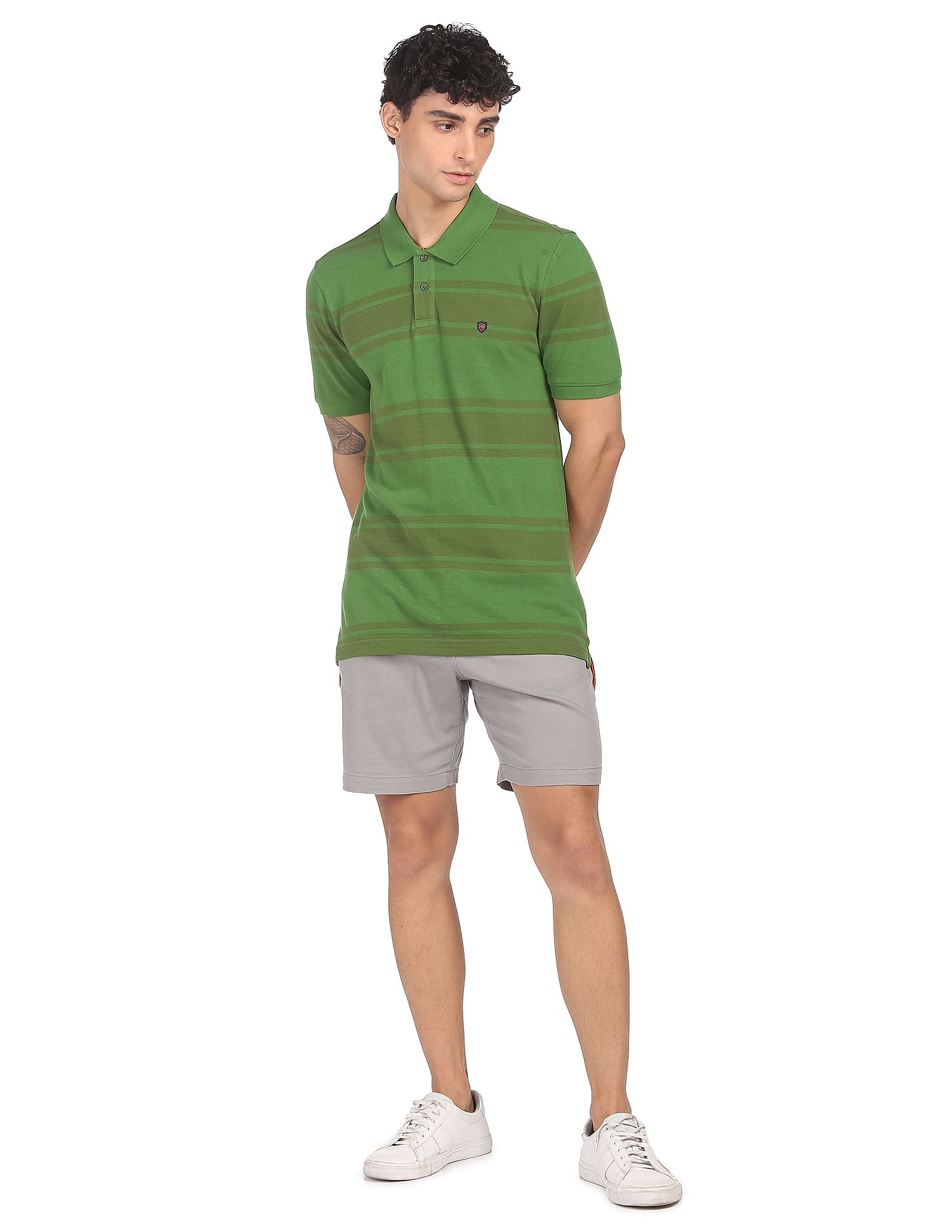 AD by Arvind Cotton Horizontal Striped Polo Shirt