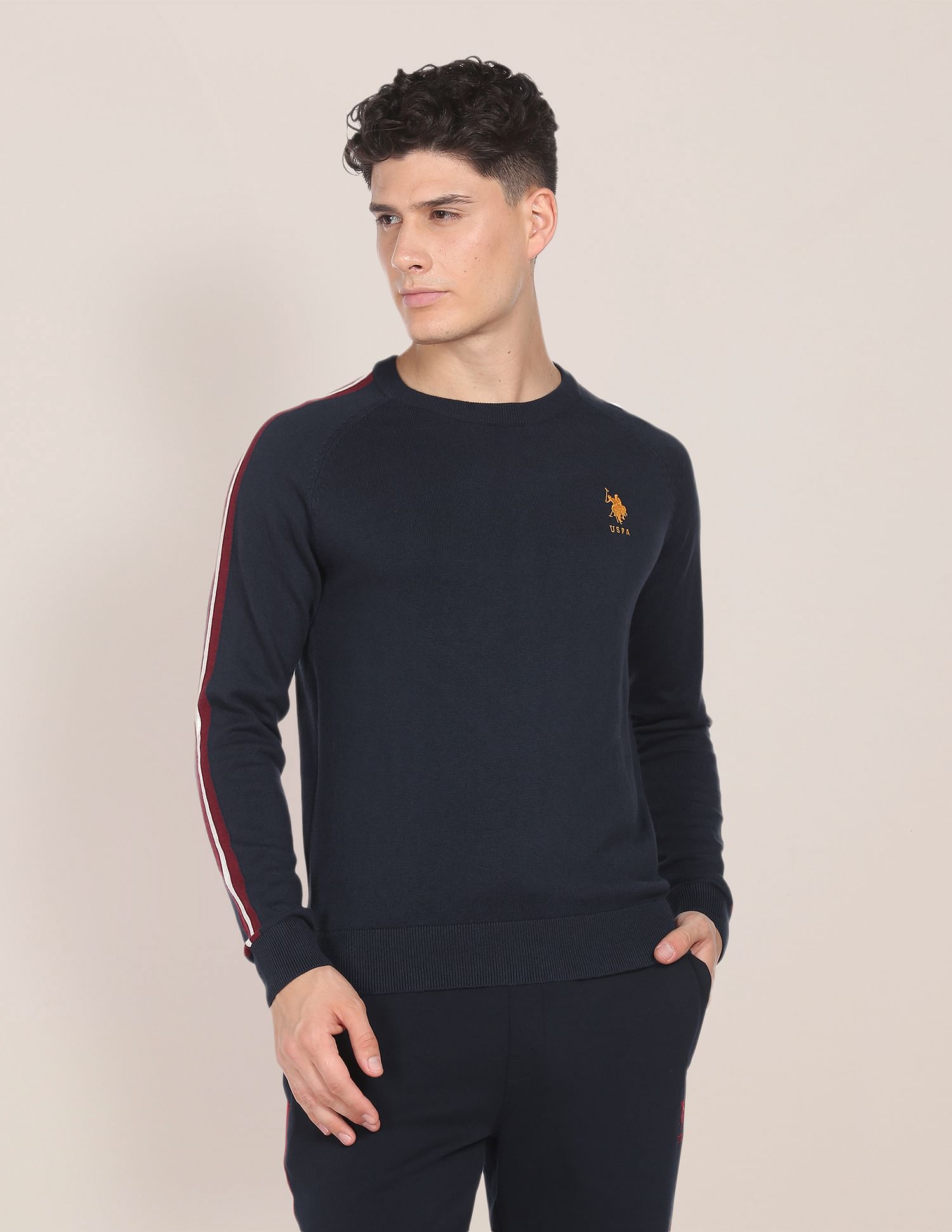 U.S. Polo Assn. Contrast Logo Striped Sleeve Sweater
