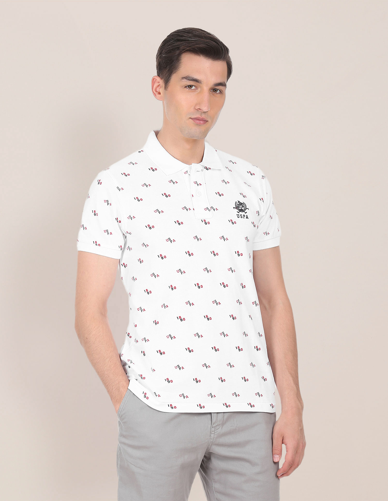 Buy U.S. Polo Assn. Men White Cotton All Over Brand Print Polo