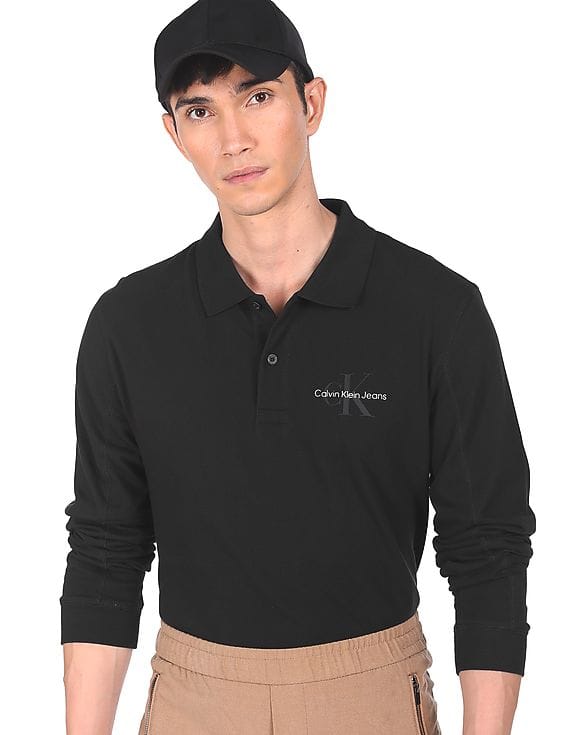 Buy Calvin Klein Men Black Regular Fit Long Sleeve Polo Shirt