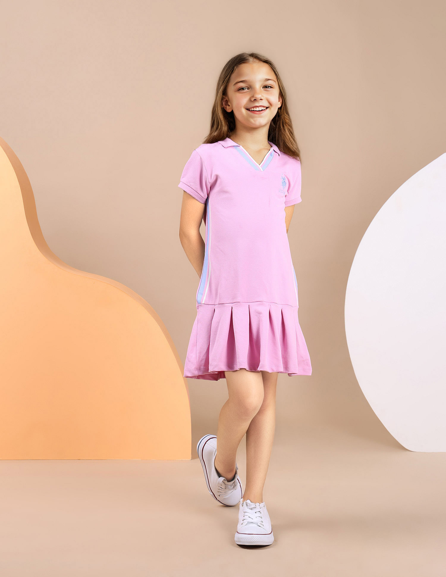 U.S. Polo Assn. Kids Girls Knife Pleat Cotton Dress