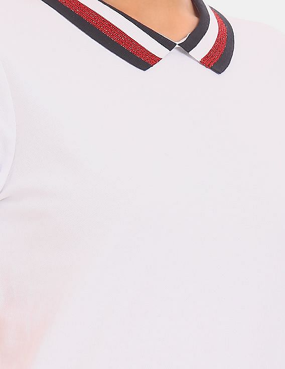 Buy Tommy Hilfiger Women White Striped Collar Solid Polo