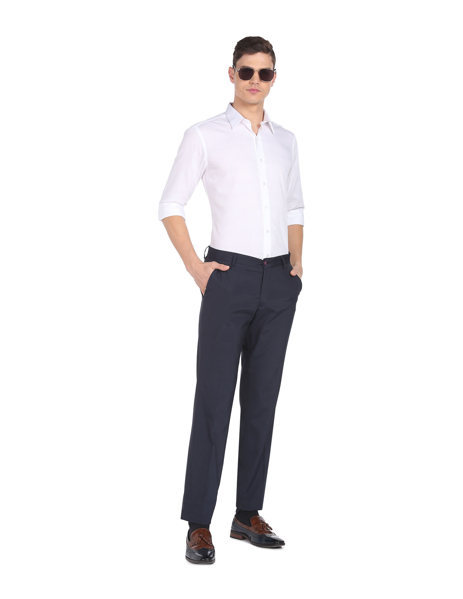 Medium Grey Self Design Full Length Formal Men Slim Fit Trousers