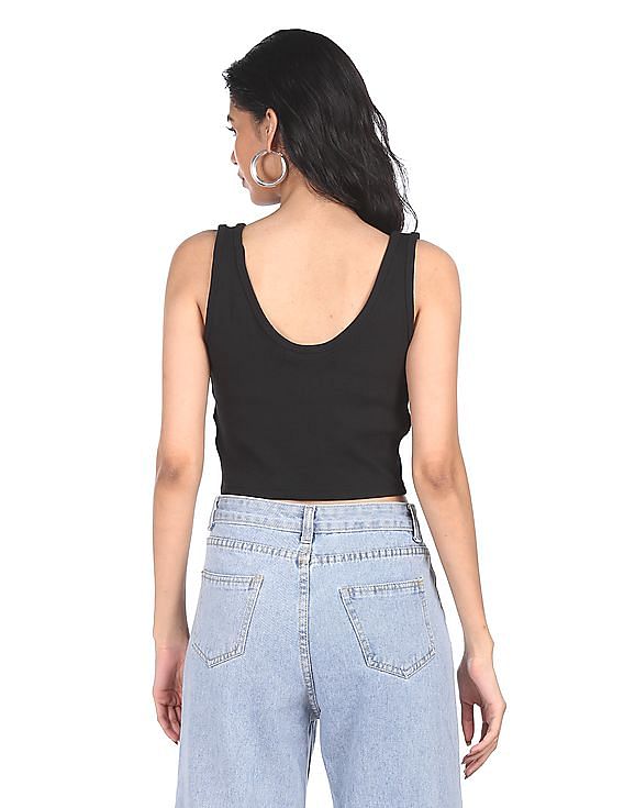 Calvin Klein Women Black V-Neck Ribbed Crop Top