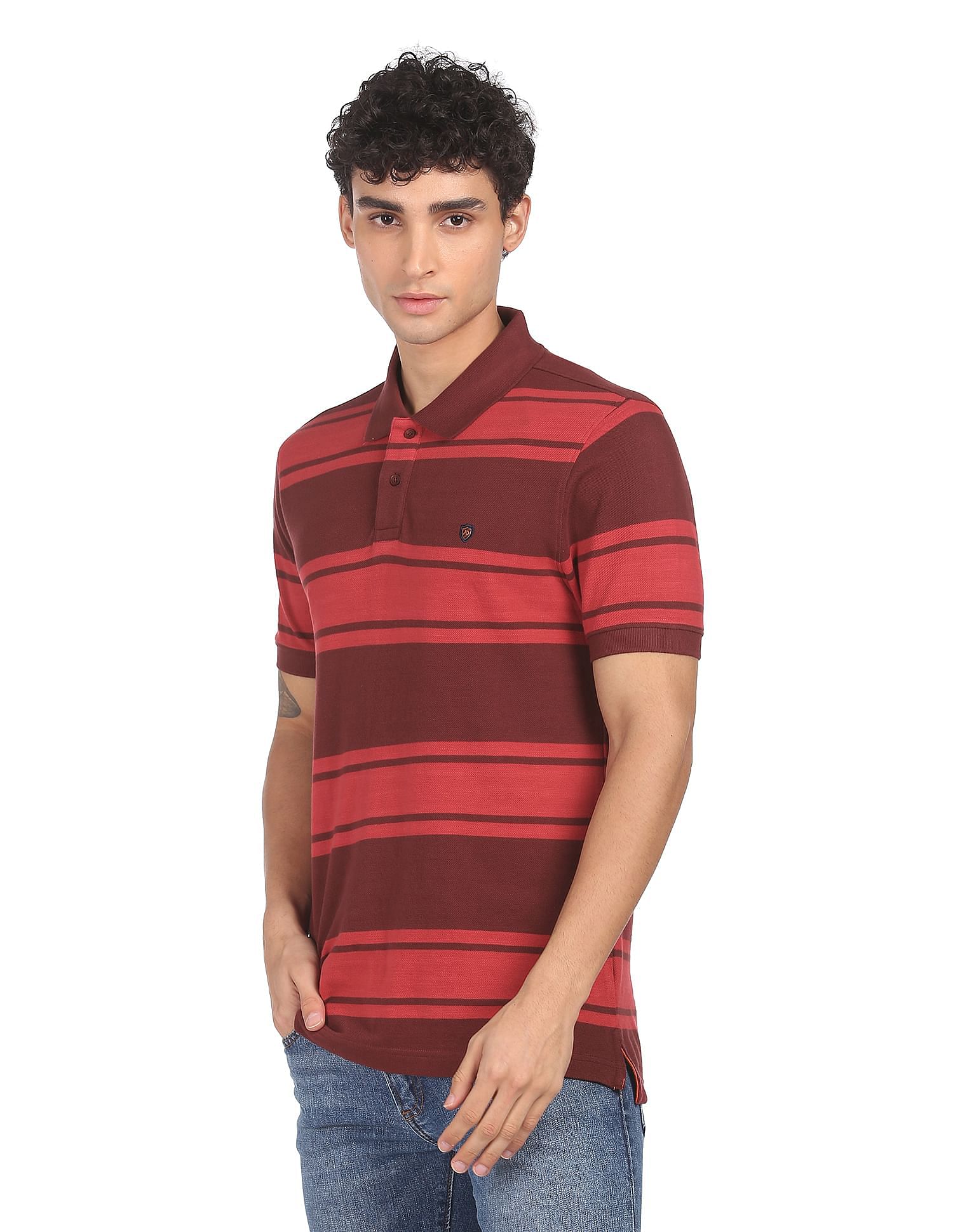 AD by Arvind Cotton Horizontal Striped Polo Shirt