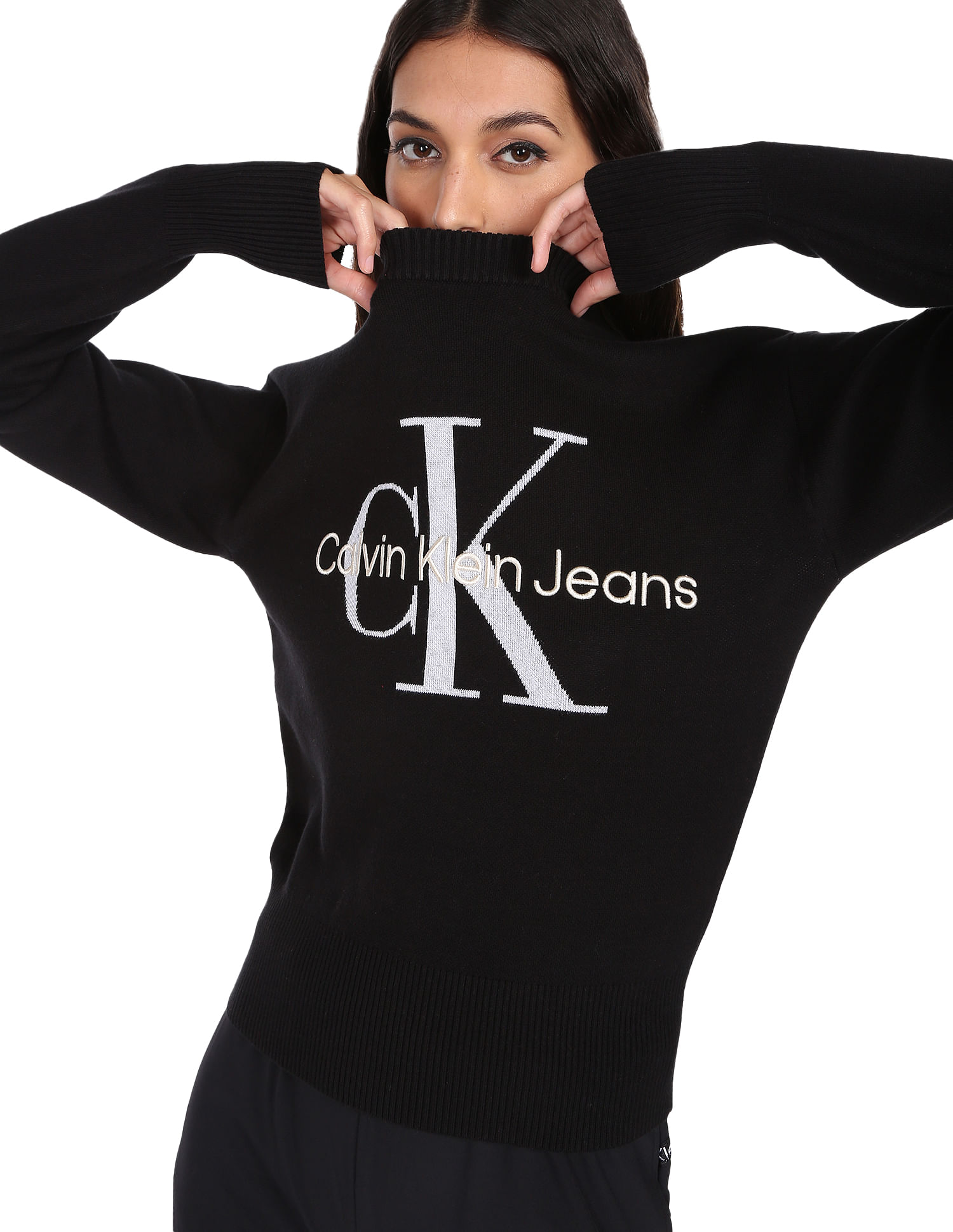 Buy Calvin Klein Women Black Crew Neck Logo Sweater 