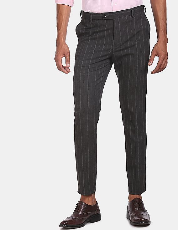 Hancock Men Dark Grey Striped Cotton Stretch Slim Fit Formal Trouser