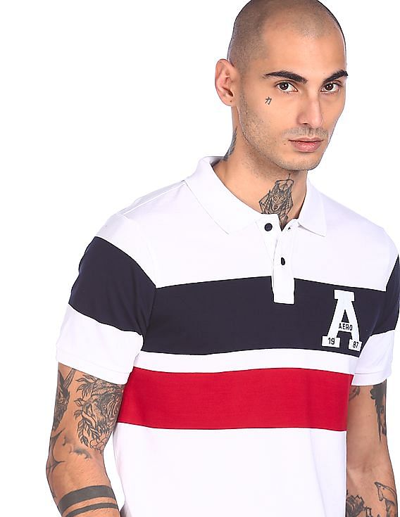 Aeropostale Men White Short Sleeve Colour Block Polo Shirt