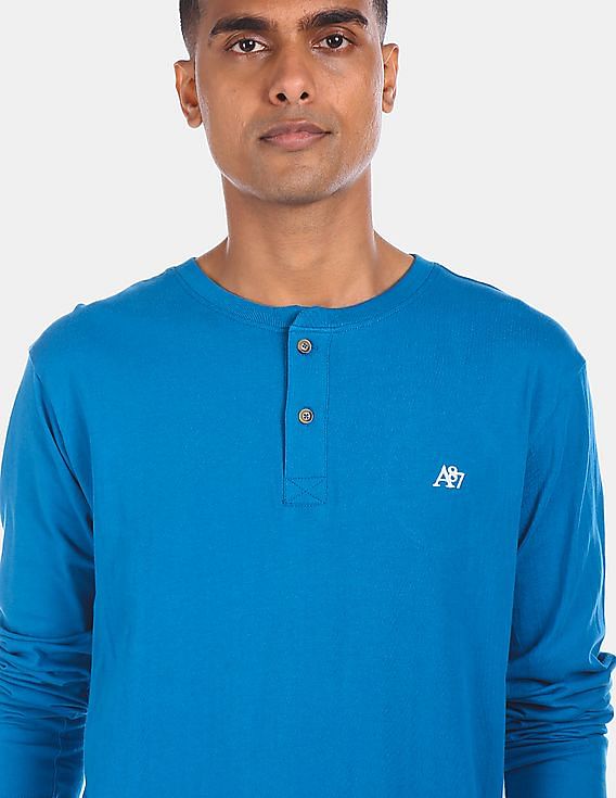 Aeropostale Men Blue Long Sleeve Cotton Solid Henley T-Shirt