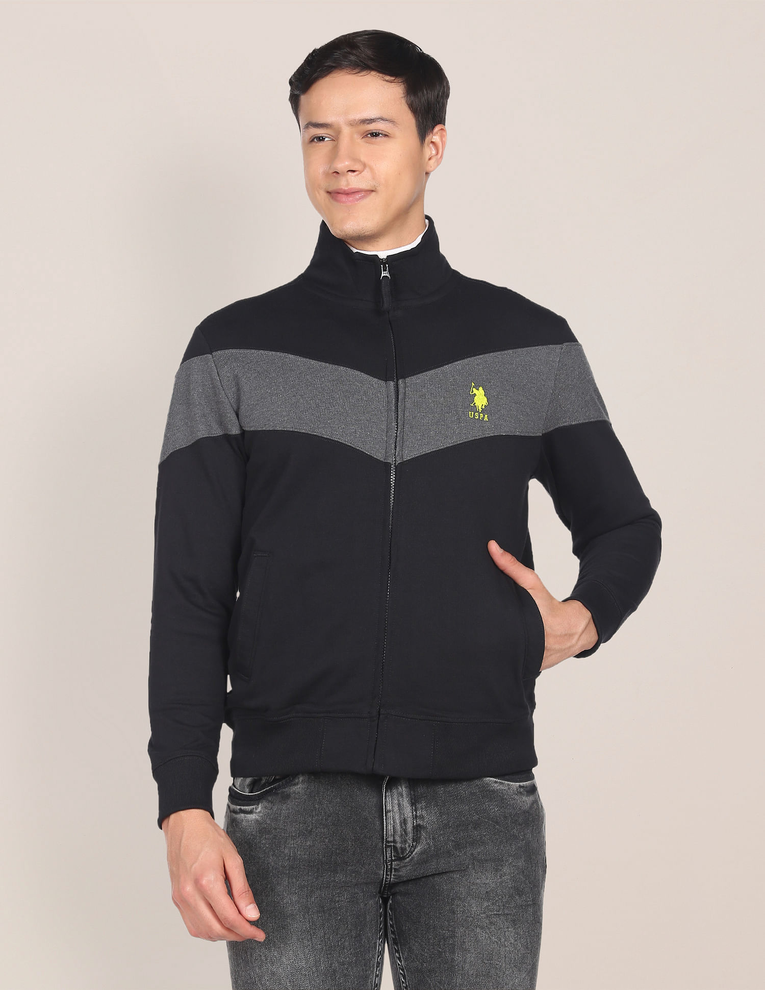 U.S. Polo Assn. High Neck Zip Up Colour Block Sweatshirt
