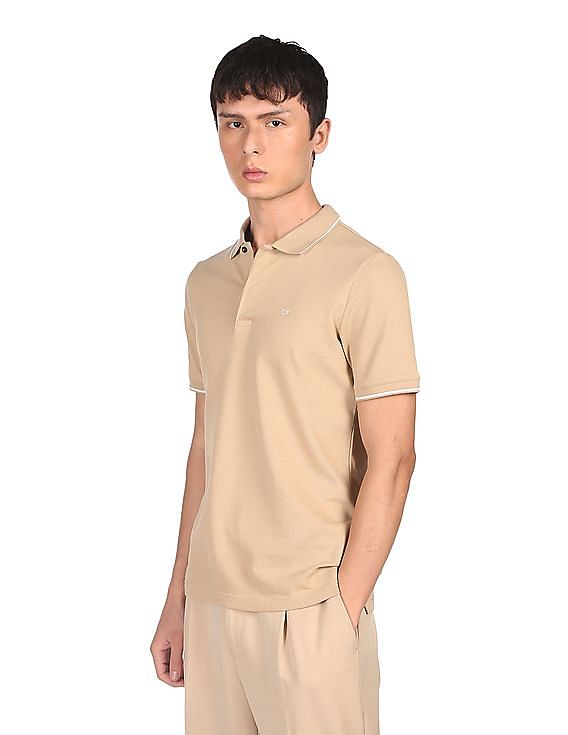 Calvin Klein Men Beige Cotton Stretch Tipped Pique Polo Shirt