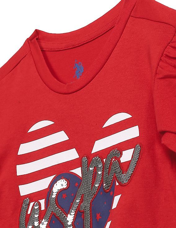 U.S. Polo Assn. Kids Girls Red Puff Sleeve Embellished Logo T-Shirt