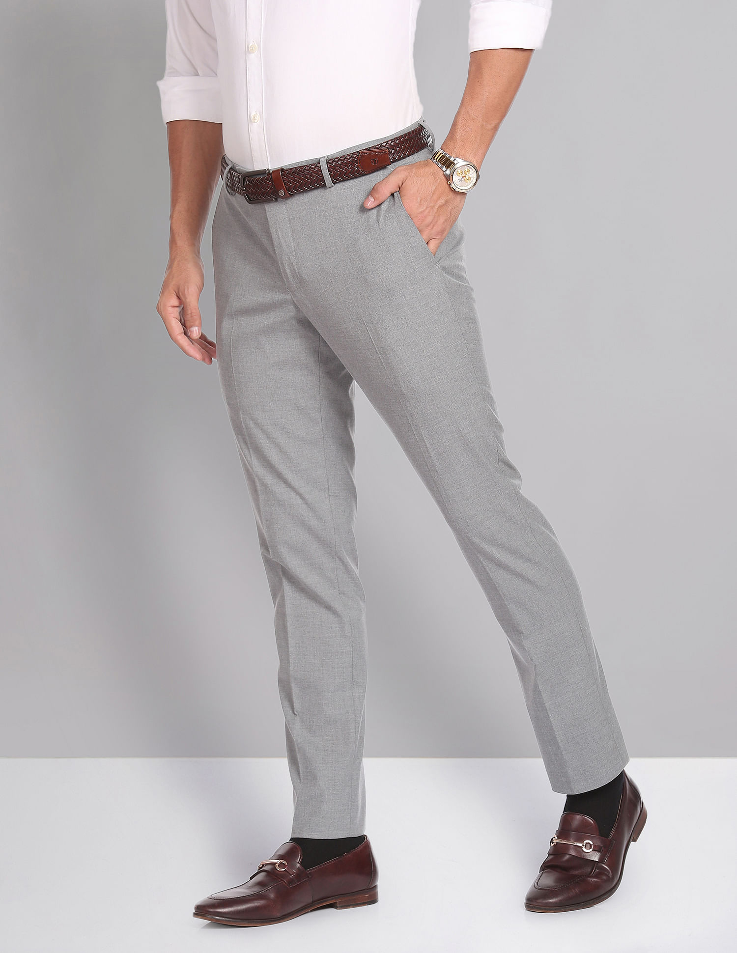 Buy AD by Arvind Smart Waist Heathered Formal Trousers - NNNOW.com
