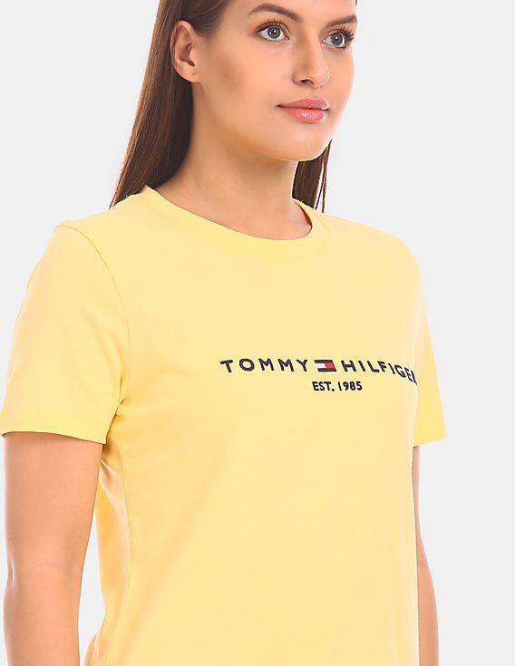 Buy Tommy Hilfiger Women Yellow Short Sleeve Crew Neck Logo T