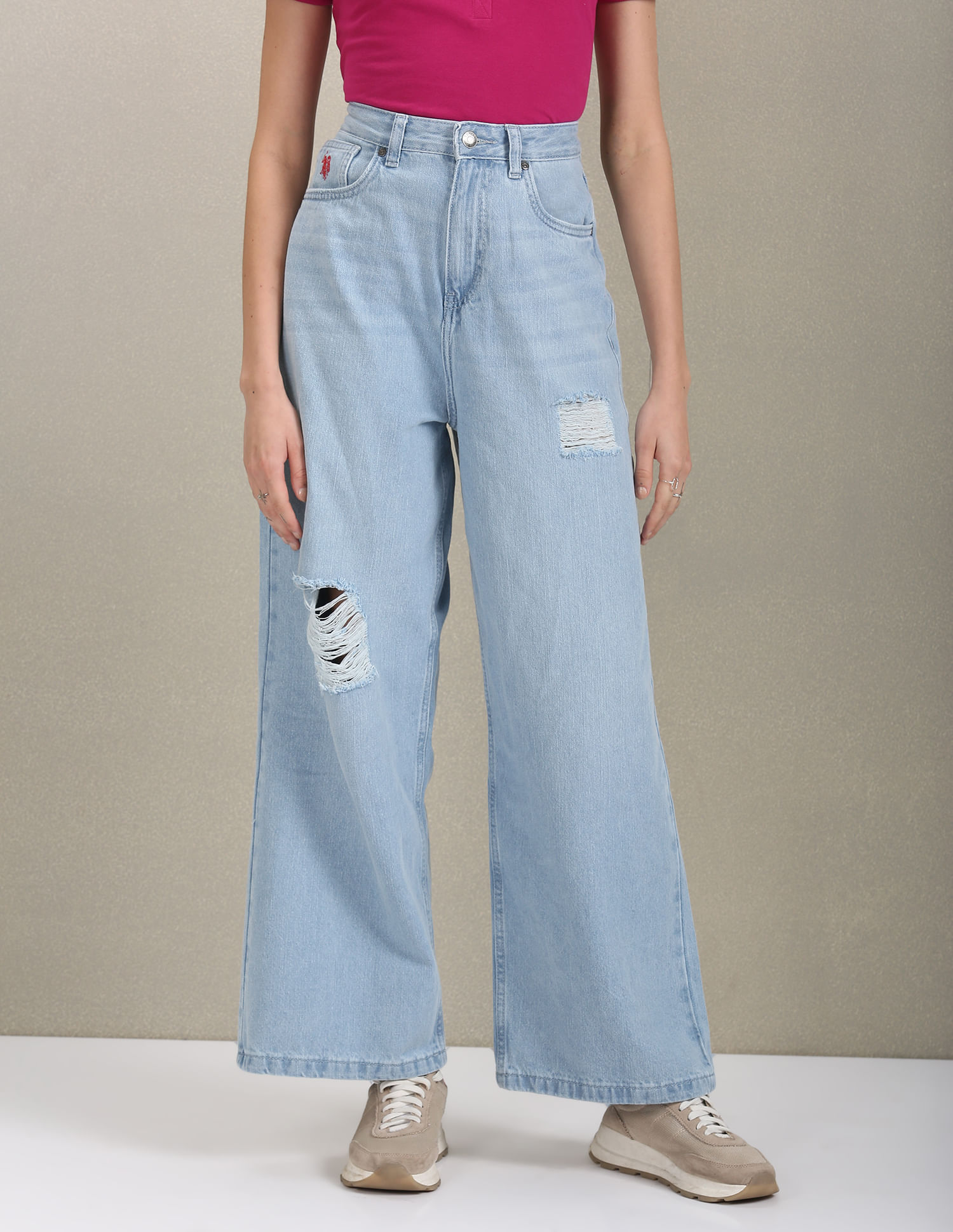 U.S. Polo Assn. Women High Rise Wide Leg Distressed Jeans
