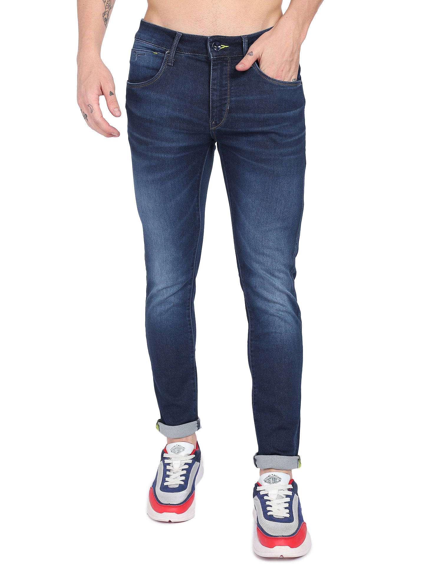 Flying Machine Mid Rise Denim Weave Whiskered Jeans