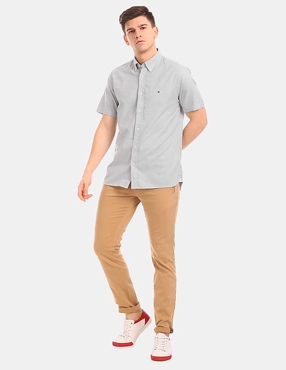 Buy Tommy Hilfiger Men Grey Short Sleeve Button Down Collar Casual