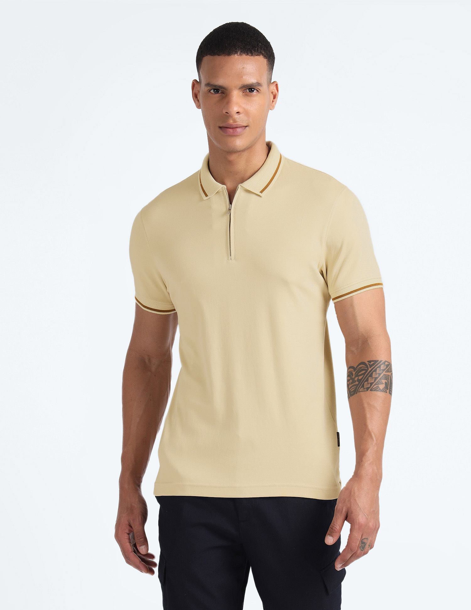 Flying Machine Solid Zipper Polo Shirt