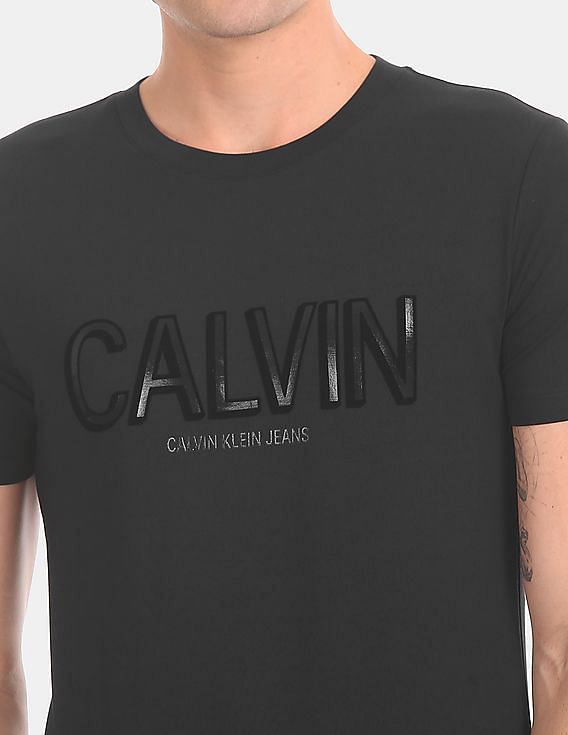 Buy Calvin Klein Men Black Slim Fit Flock Logo T-Shirt - NNNOW.com