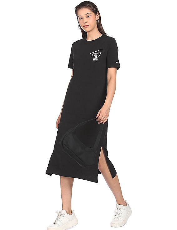 Plus Black Jersey Split Midi TShirt Dress  PrettyLittleThing