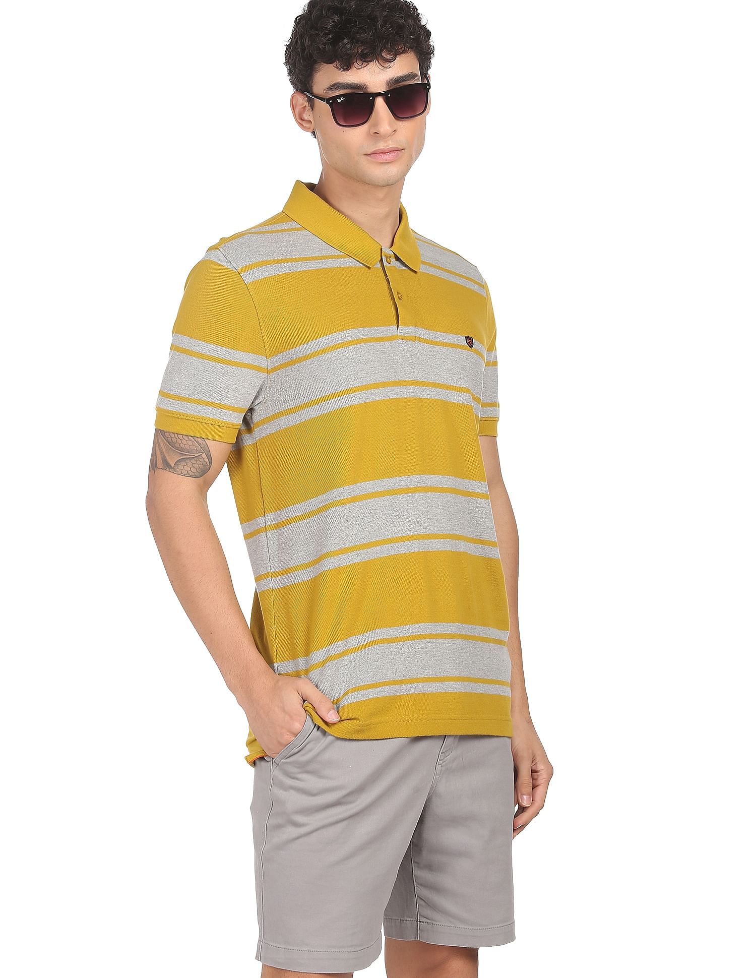 AD by Arvind Cotton Horizontal Striped Polo Shirt