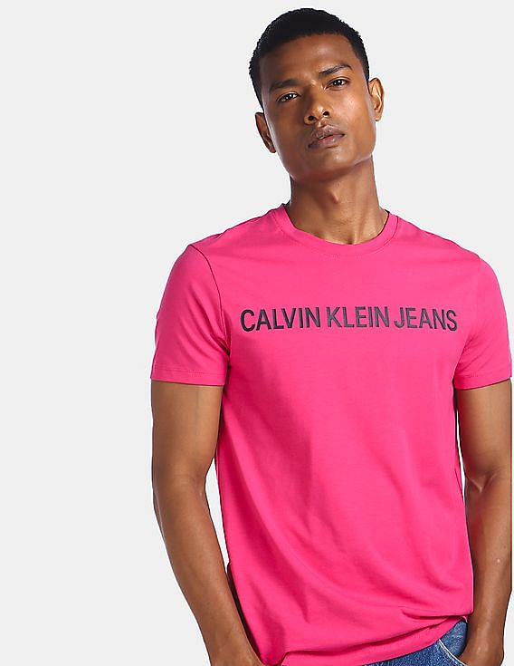 Buy Calvin Klein Men Pink Brand Print Slim Fit T-Shirt 