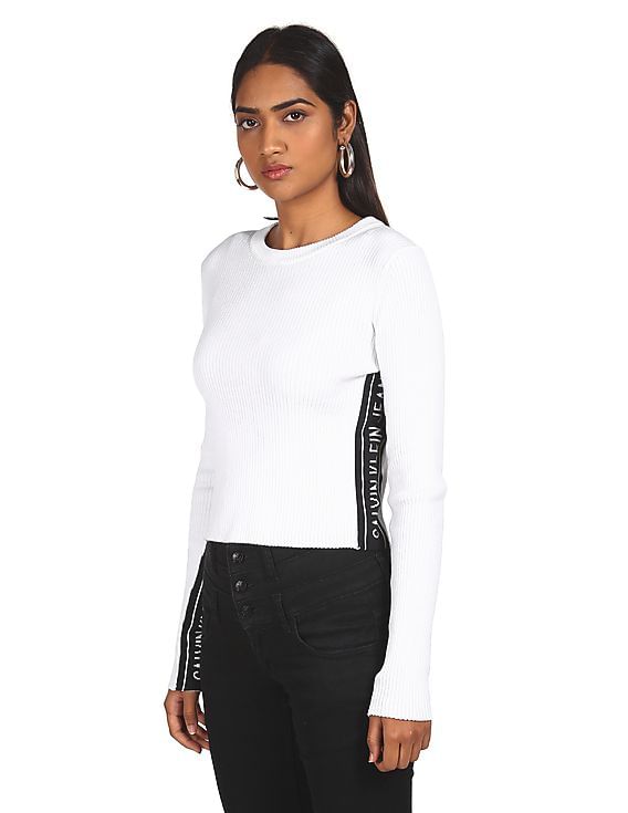 Calvin Klein Women White Long Sleeve Ribbed Sweater