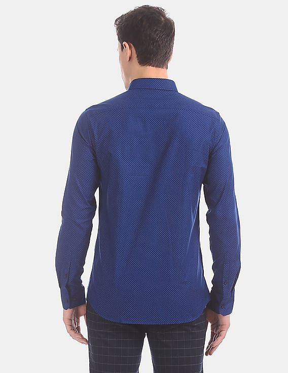 USPA Tailored Men Royal Blue Slim Fit Printed Formal Shirt