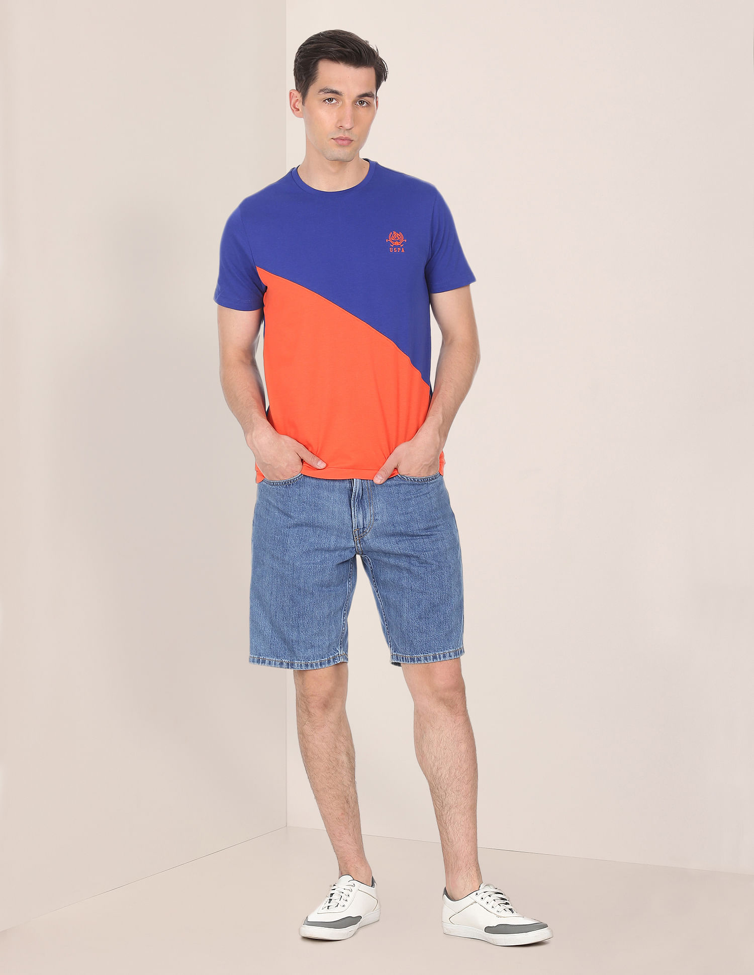 U.S. Polo Assn. Men Blue And Orange Cotton Colour Block T-Shirt