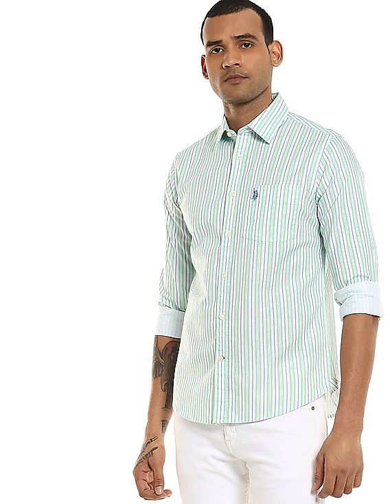 Buy . Polo Assn. Men Light Green And White Striped Cotton Casual Shirt -  