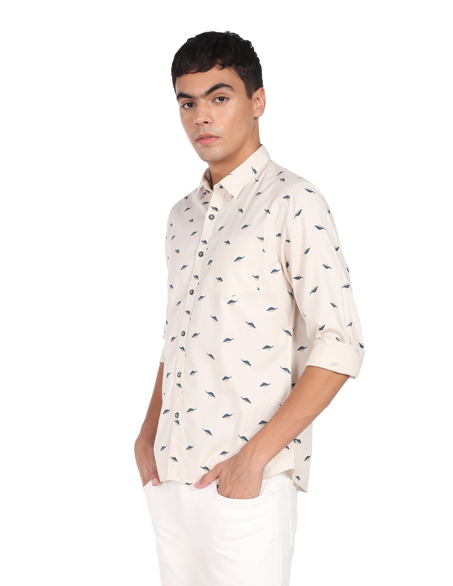 Flying Machine Geometric Print Twill Weave Shirt