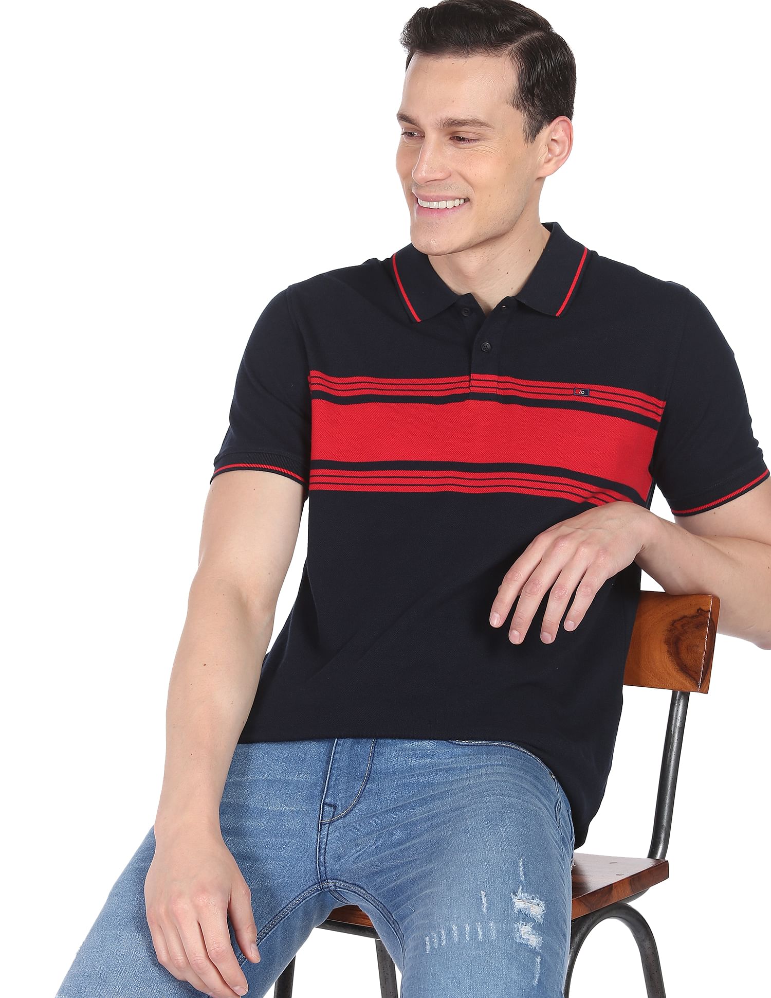 AD by Arvind Cotton Horizontal Stripe Polo Shirt