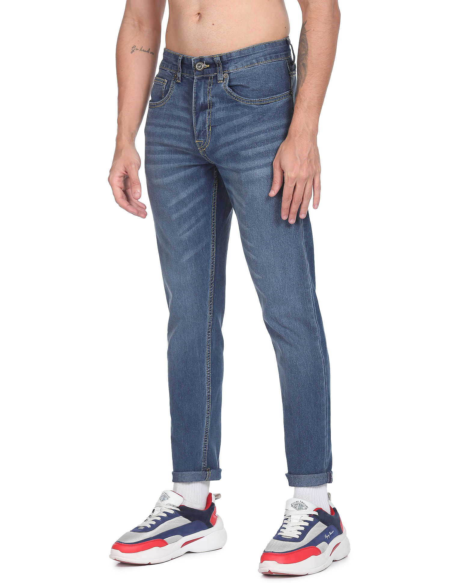 Flying Machine Stone Wash Slash Slim Tapered Fit Jeans