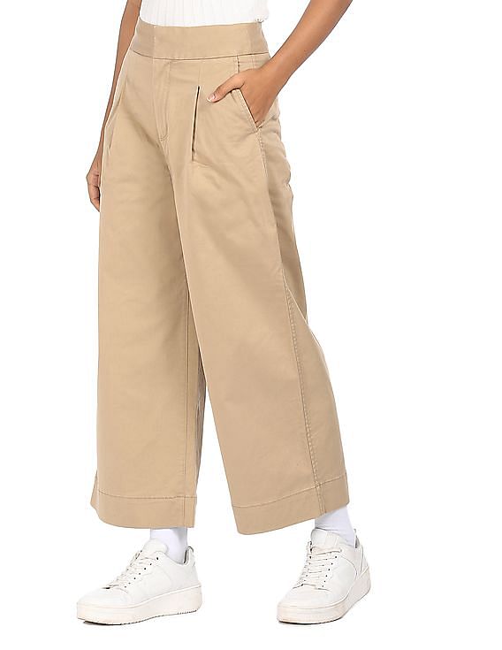 Beige High Rise Wide Leg Pants