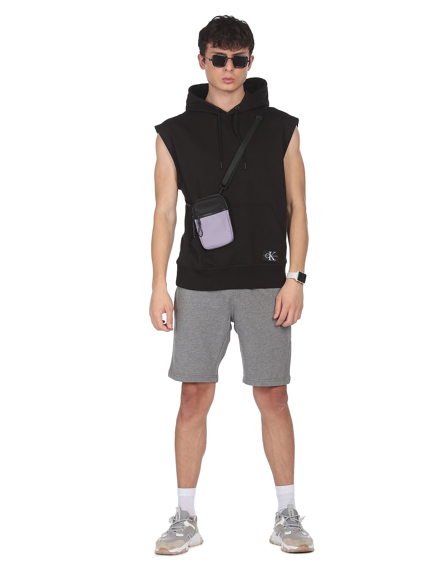 Calvin Klein Jeans Men Black Monogram Badge Sleeveless Hooded Sweatshirt