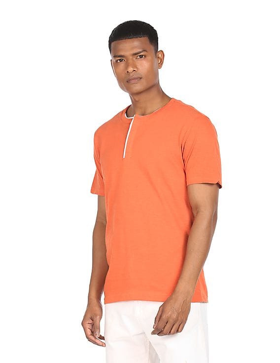 Cherokee Men Orange Henley Neck Solid 