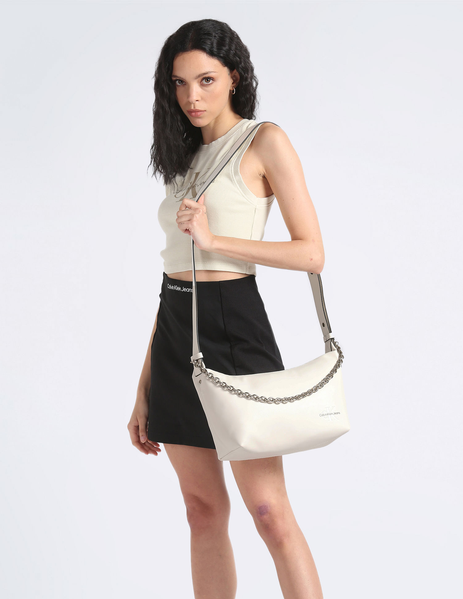 Buy Calvin Klein Women Beige Three Compartment Brand Monogram Sling Bag -  NNNOW.com