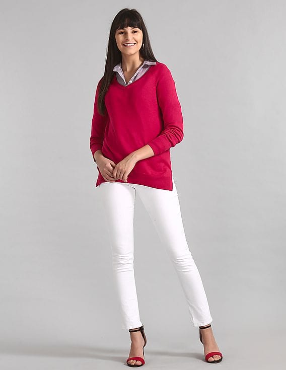 GAP Women's Ribbed V-Neck Sweater With Volume Sleeves - Easy-Care Everyday Essential - View #14