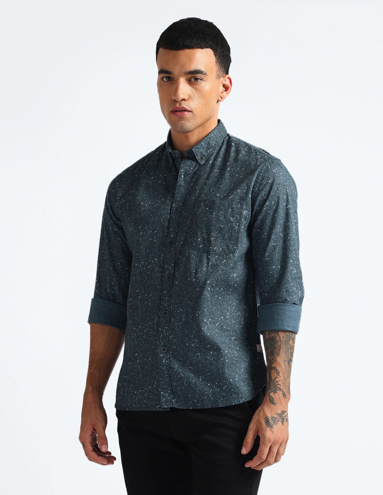Flying Machine Geometric Print Cotton Shirt