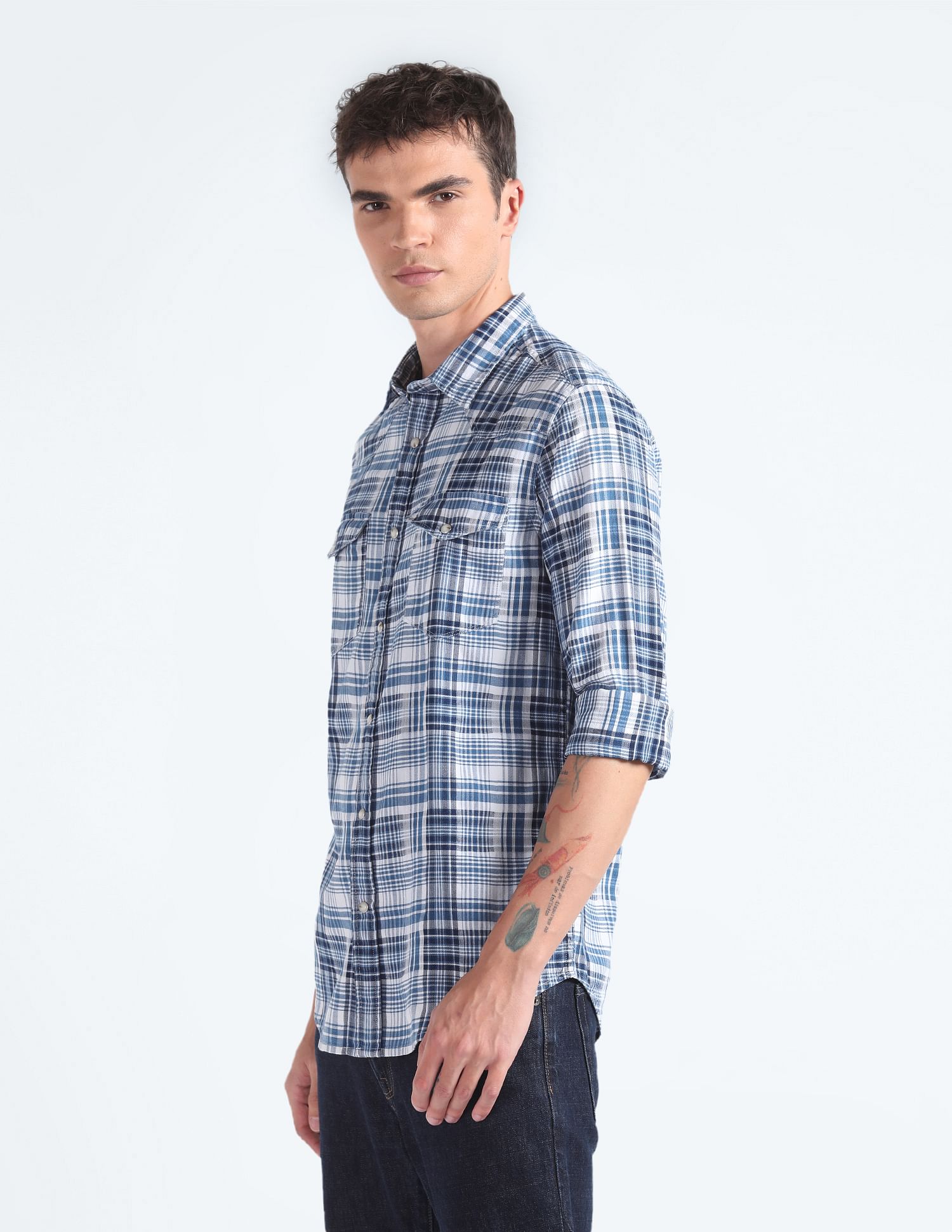 Flying Machine Tartan Check Herringbone Shirt